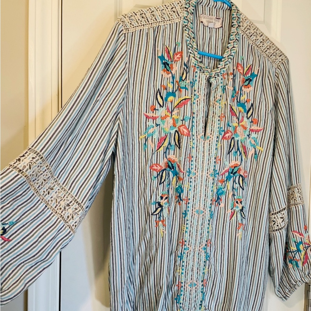 Johnny Was Striped Floral Embroidered Blouse